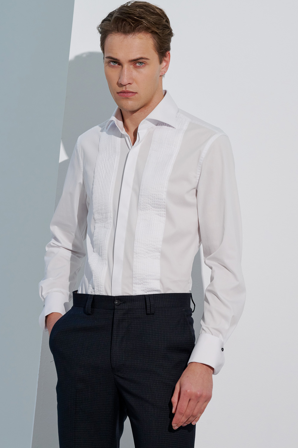 SST&C #Elastic Fit  Slim Fit White Shirt With Pleated Italian Cuffs On The Front | 0312303025  (Outlet)_2