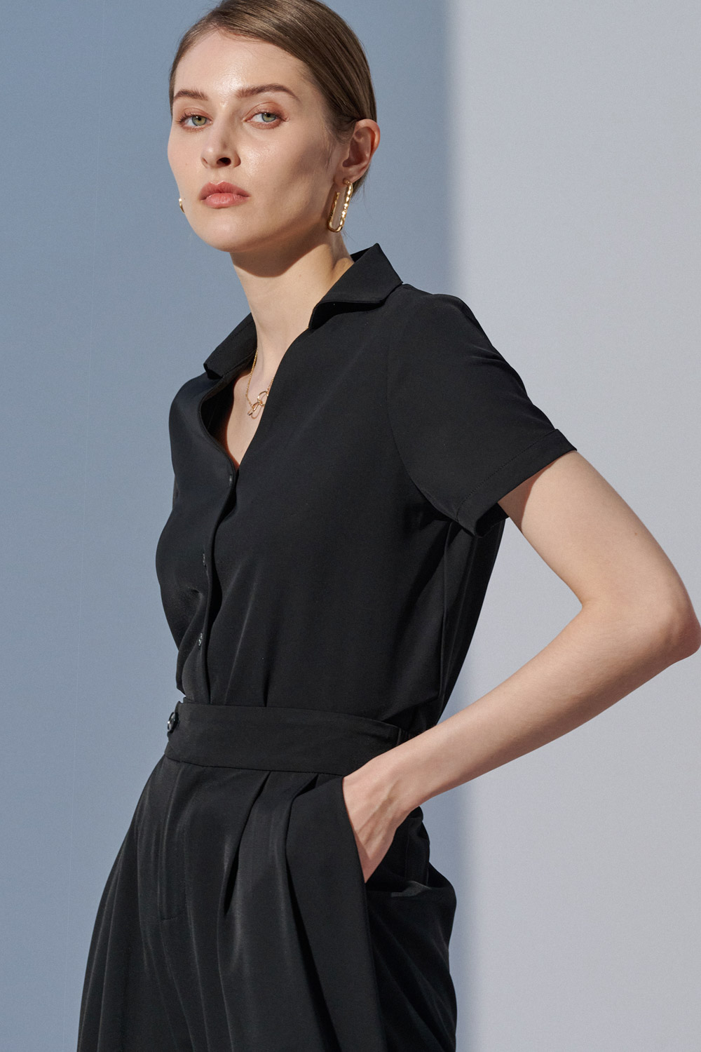 SST&C Black V-Neck Short-Sleeved Top | 7662303005  (Outlet)_1