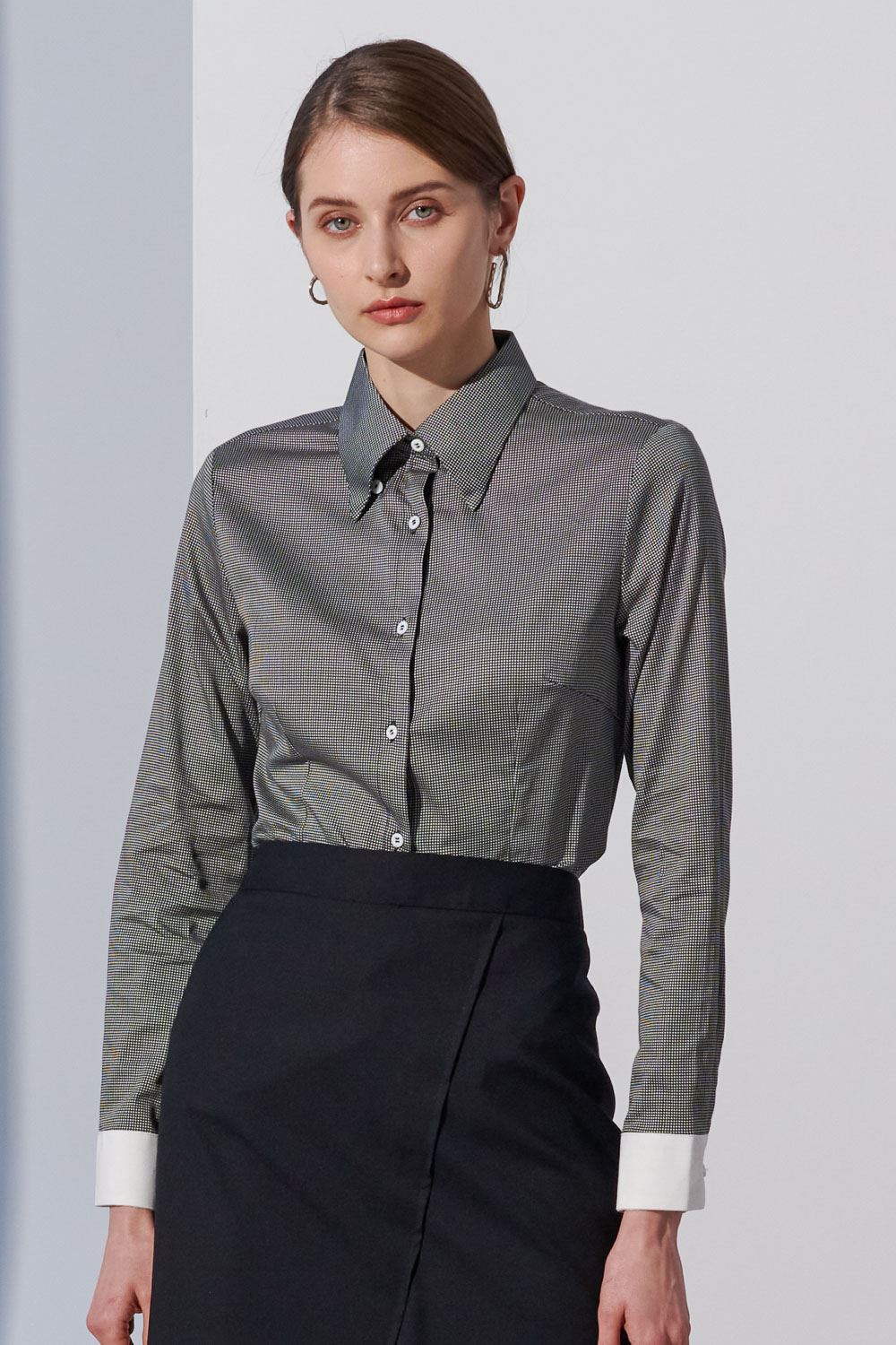 SST&C Houndstooth Print Micro-Gloss Slim Fit Shirt | 7562303002  (Outlet)_0