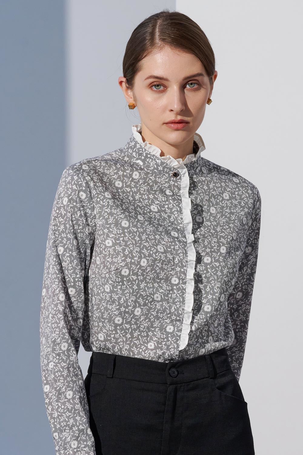 SST&C Vertical Stripe Floral Print Stand Collar Ruffled Shirt | 7562303010  (Outlet)_0