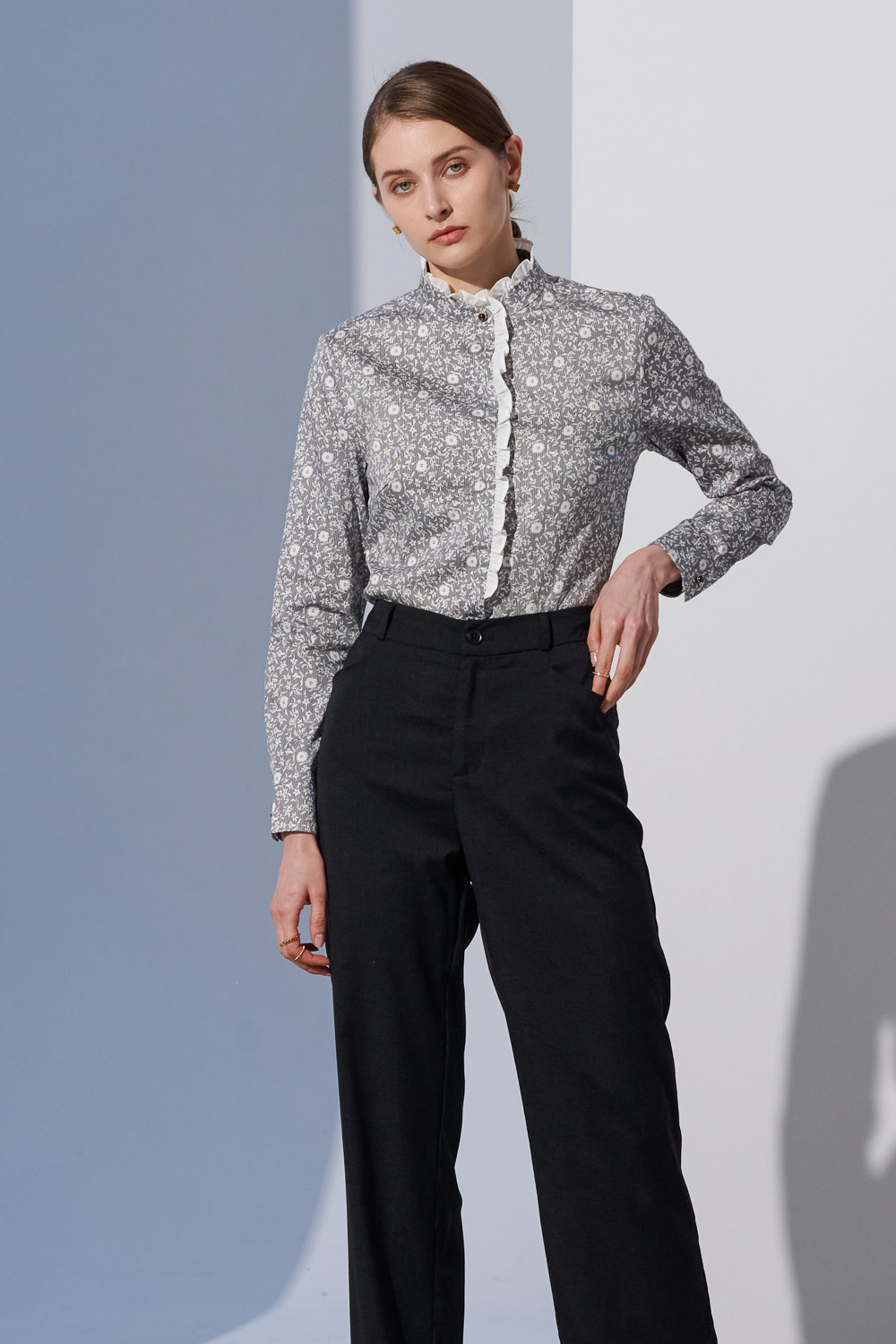 SST&C Vertical Stripe Floral Print Stand Collar Ruffled Shirt | 7562303010  (Outlet)_1
