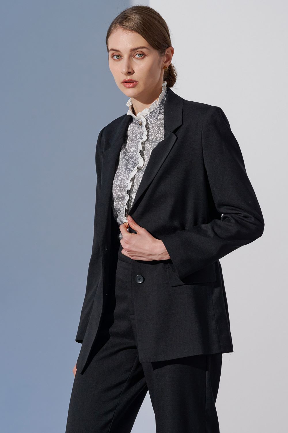 SST&C Vertical Stripe Floral Print Stand Collar Ruffled Shirt | 7562303010  (Outlet)_4