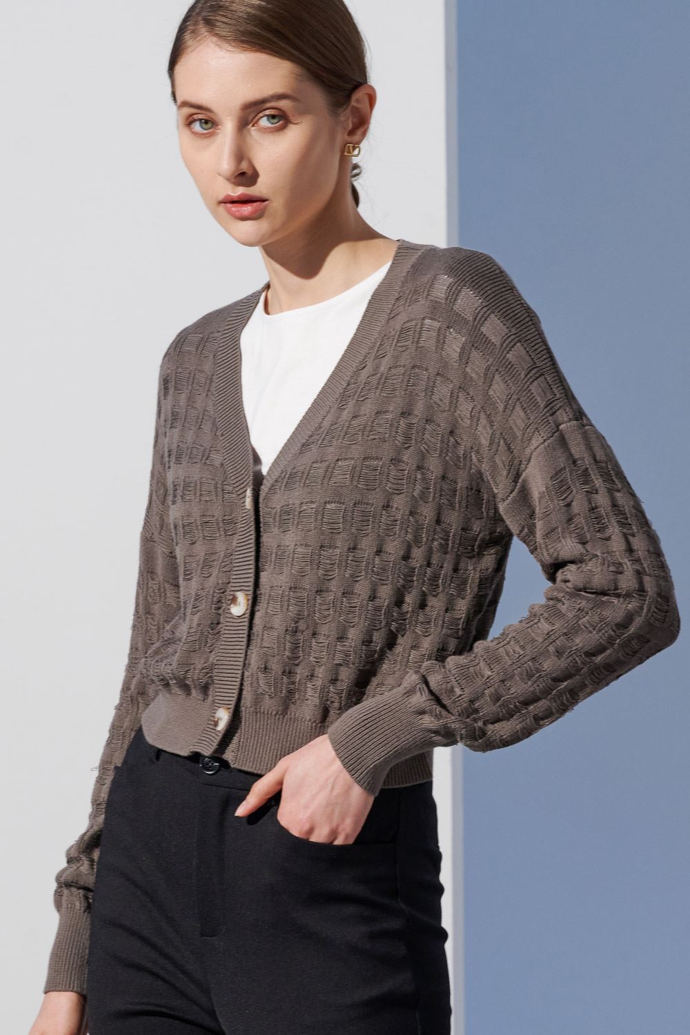 SST&C #Online Exclusive  Dark Coffee Gray Basket Hollow Knitted Jacket | 8662304003  (Outlet)_1