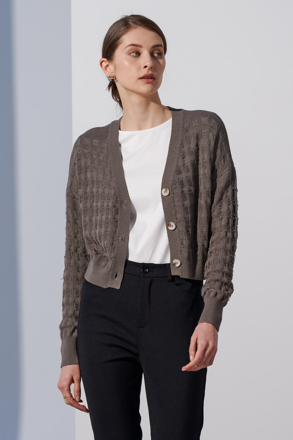 SST&C #Online Exclusive  Dark Coffee Gray Basket Hollow Knitted Jacket | 8662304003  (Outlet)_4