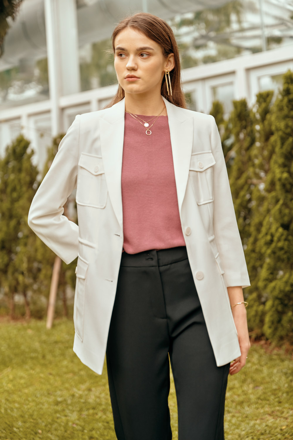 SST&C White Pocket Waistband Linen Casual Suit Jacket | 8162304001  (Outlet)_0