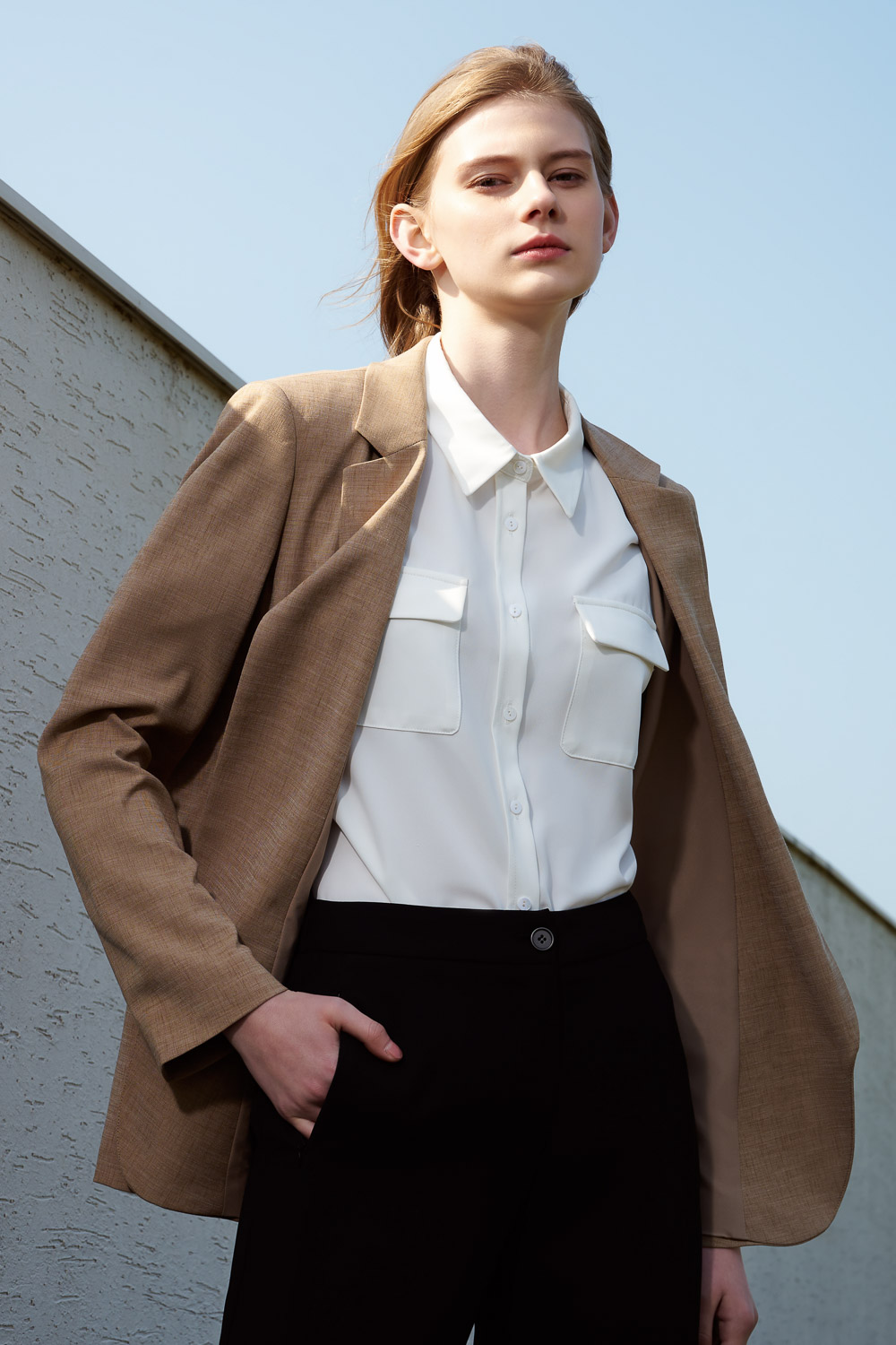 SST&C Beige Waist-Cinched Linen Casual Suit Jacket | 8162304002  (Outlet)_0