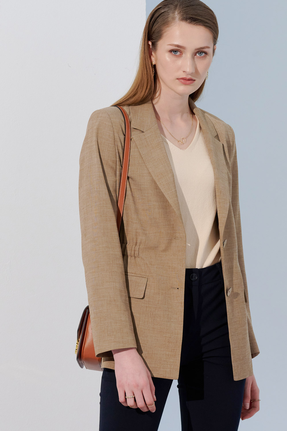 SST&C Beige Waist-Cinched Linen Casual Suit Jacket | 8162304002  (Outlet)_1