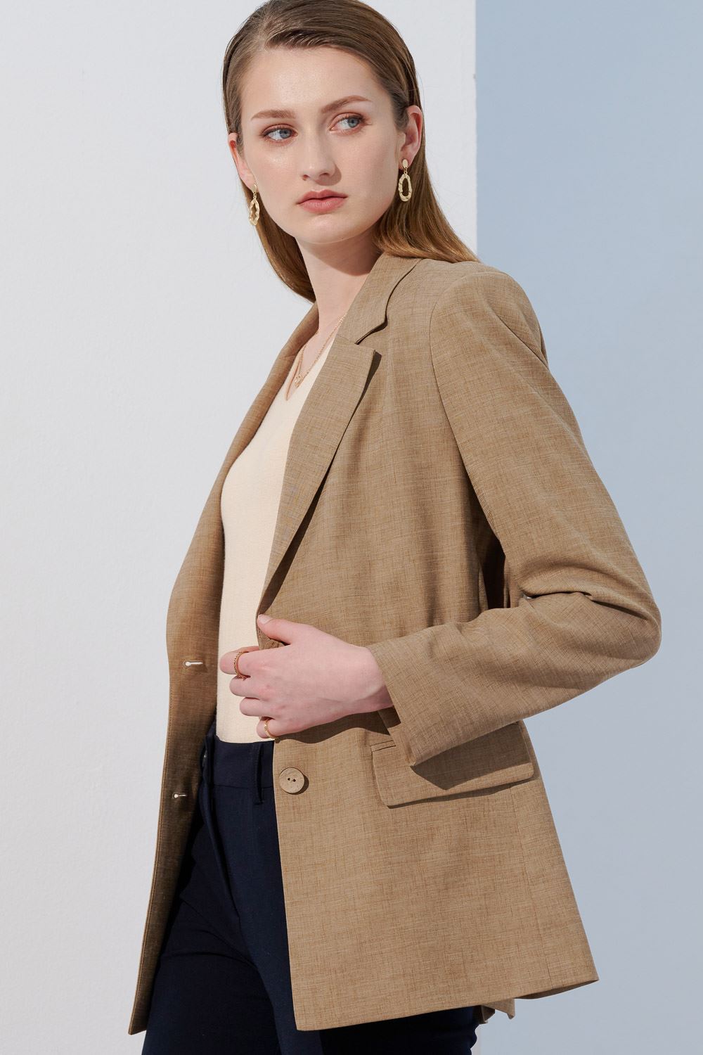 SST&C Beige Waist-Cinched Linen Casual Suit Jacket | 8162304002  (Outlet)_2