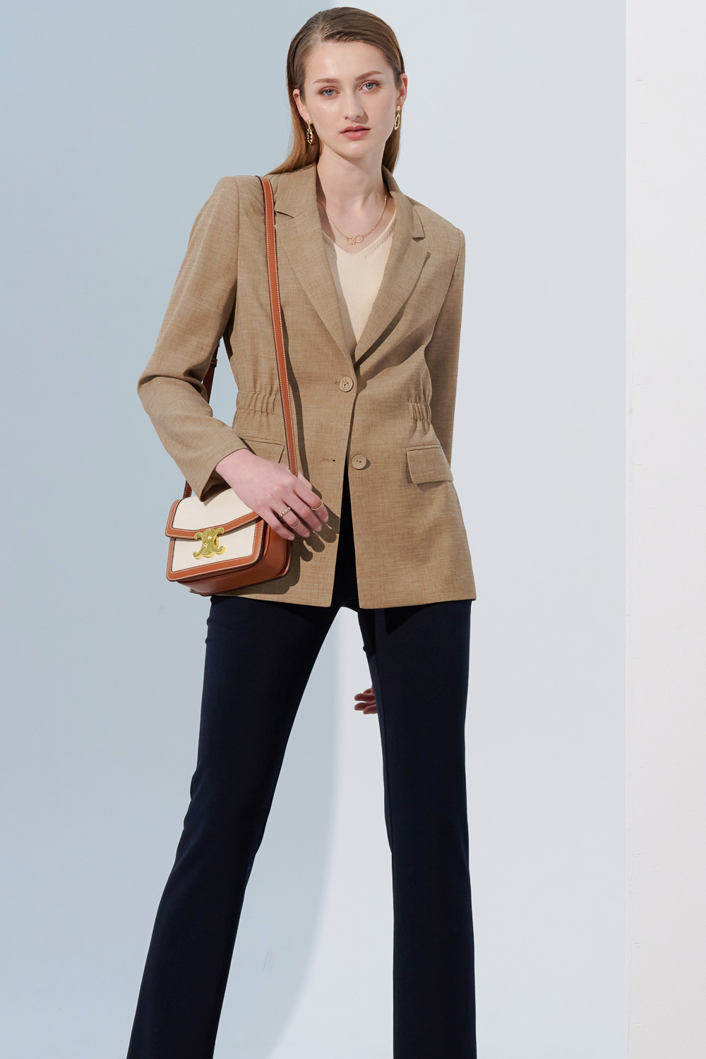SST&C Beige Waist-Cinched Linen Casual Suit Jacket | 8162304002  (Outlet)_3