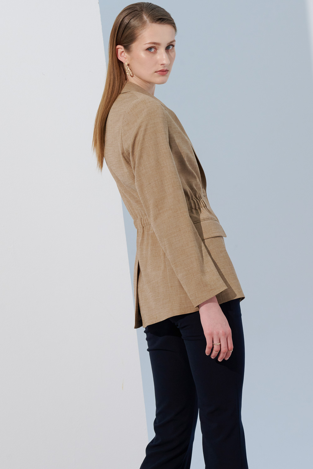 SST&C Beige Waist-Cinched Linen Casual Suit Jacket | 8162304002  (Outlet)_5