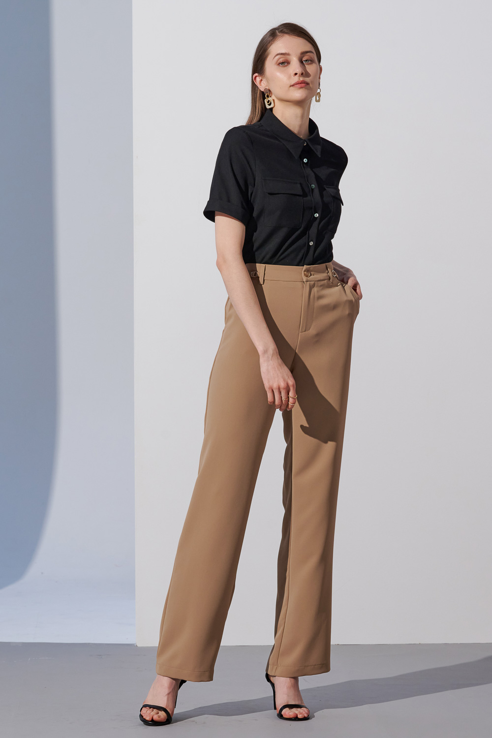 SST&C Khaki Waist Strapped Straight Wide Trousers | 8262304003  (Outlet)_4
