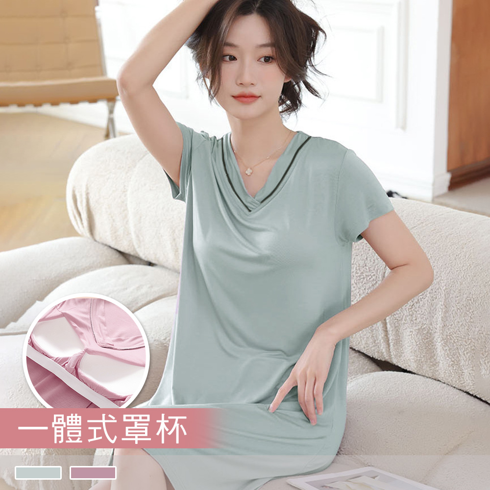 BRA TOP【罩杯式】超柔軟莫代爾棉無鋼圈 V領外穿連身短袖睡衣睡裙 居家服2015_0