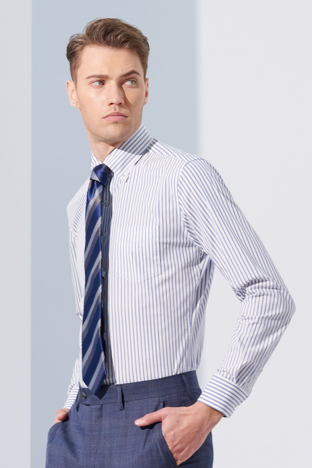 SST&C #Elastic Fit  Blue and White Striped Pattern Slim Fit Shirt | 0312304005  (Outlet)_0
