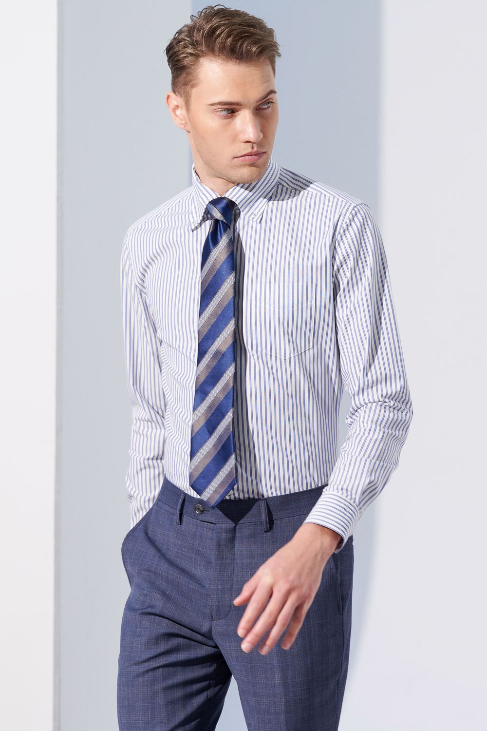 SST&C #Elastic Fit  Blue and White Striped Pattern Slim Fit Shirt | 0312304005  (Outlet)_1