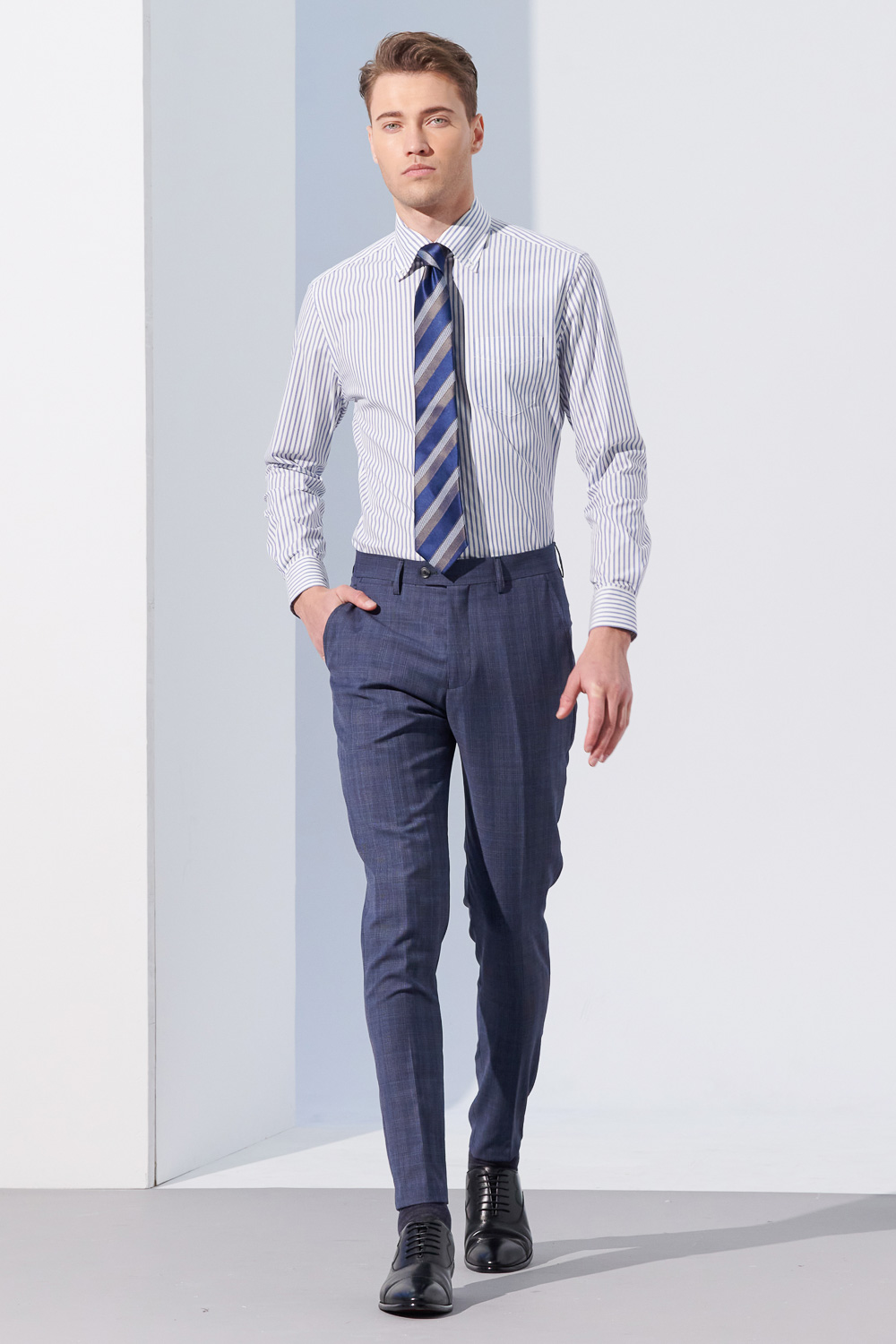 SST&C #Elastic Fit  Blue and White Striped Pattern Slim Fit Shirt | 0312304005  (Outlet)_2