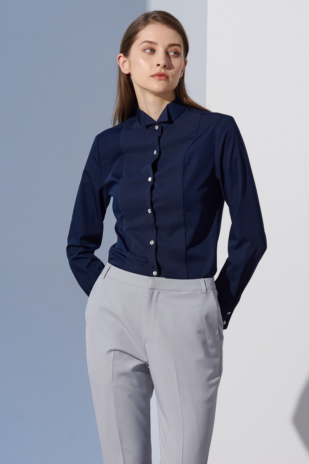 SST&C Dark Navy Dress Collar Slim Fit Women'S Shirt | 7562304006  (Outlet)_0
