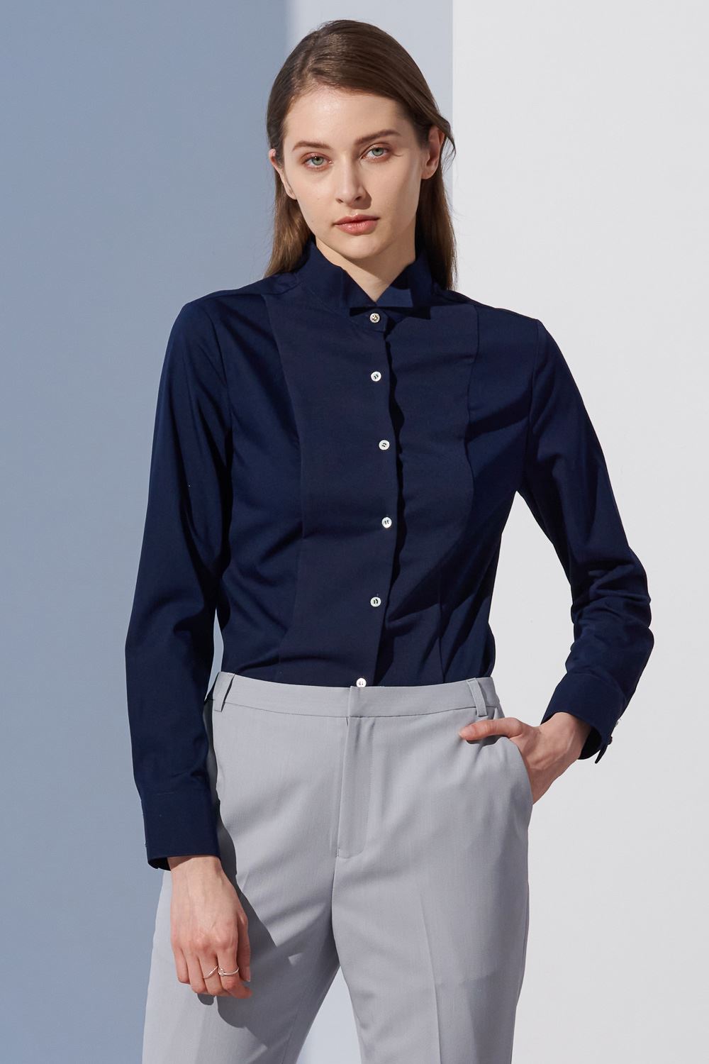 SST&C Dark Navy Dress Collar Slim Fit Women'S Shirt | 7562304006  (Outlet)_2