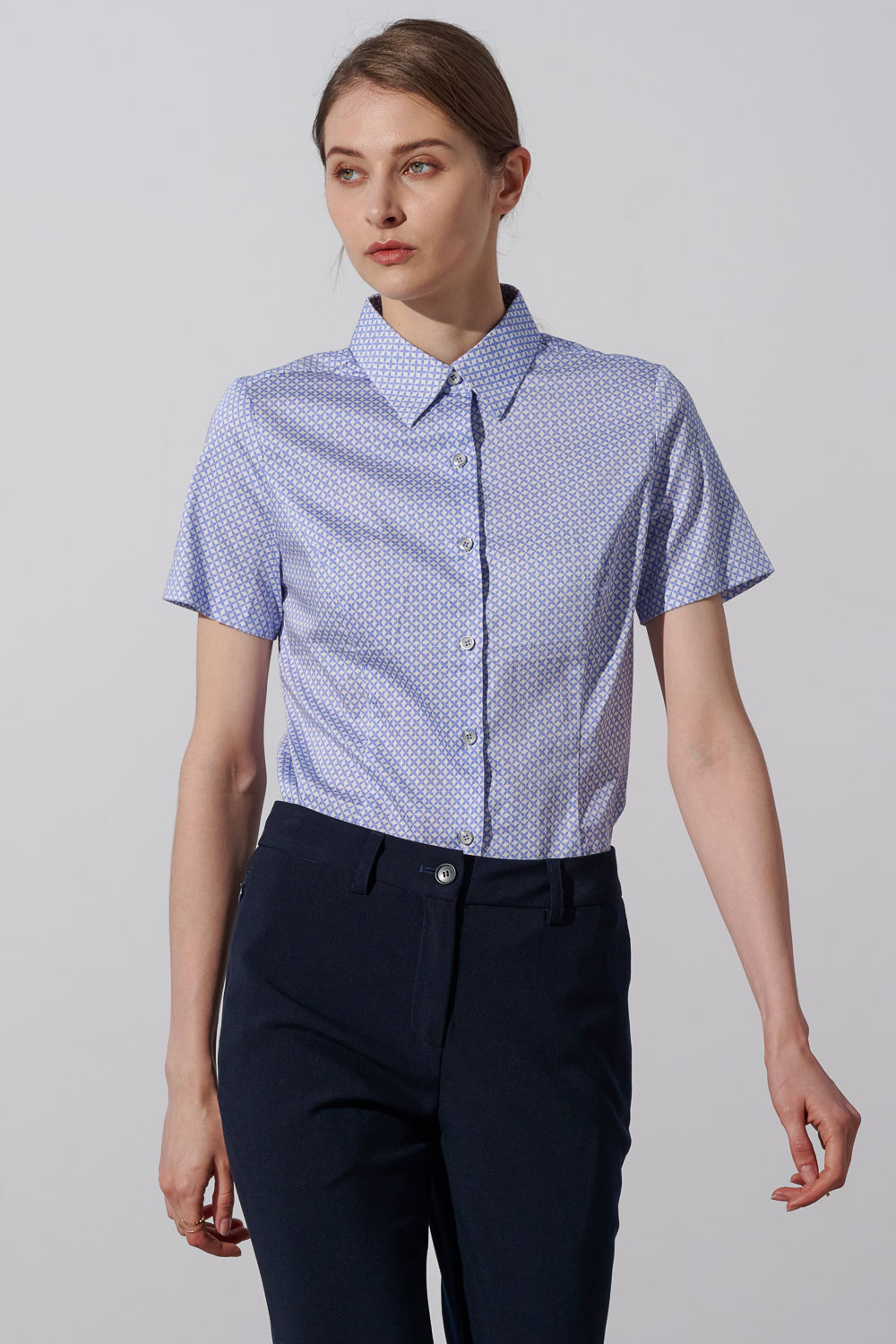 SST&C Light Blue Printed Short Sleeve Slim Fit Women'S Shirt | 7562304008  (Outlet)_0