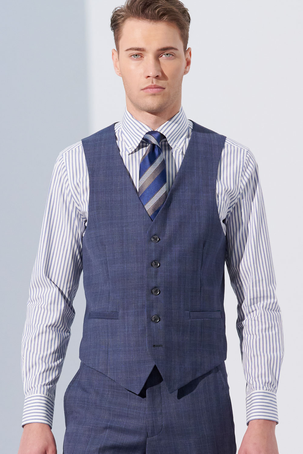SST&C Gray and Blue Check Pattern Machine Washable Tailored Suit Vest | 0512304004  (Outlet)_0