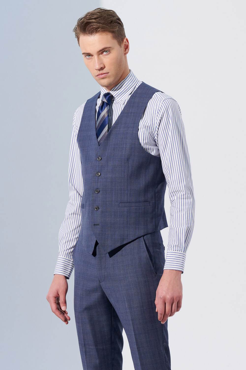 SST&C Gray and Blue Check Pattern Machine Washable Tailored Suit Vest | 0512304004  (Outlet)_1