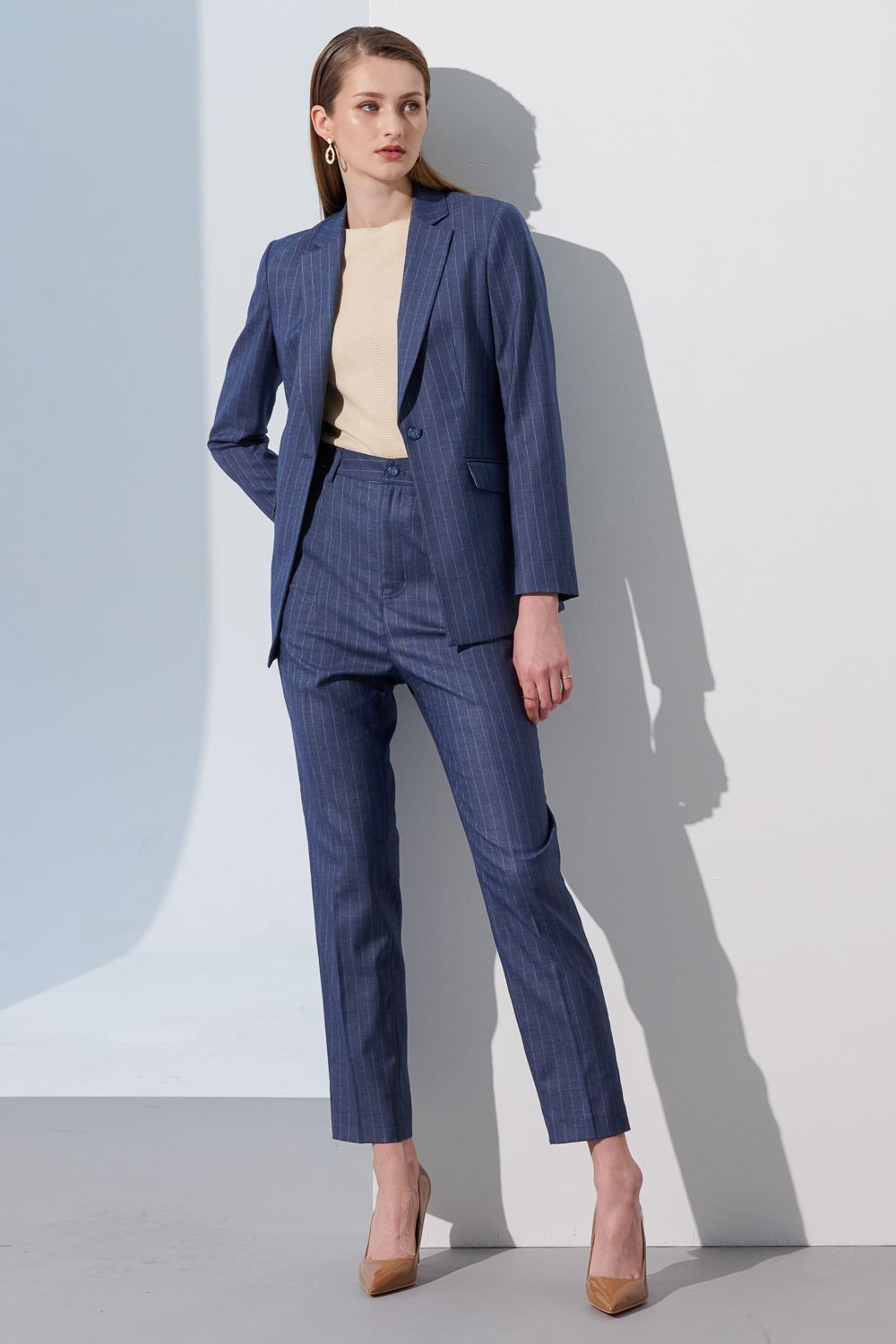 SST&C Blue Striped Pattern Slim Fit Women'S Suit Trousers | 7262304006  (Outlet)_0