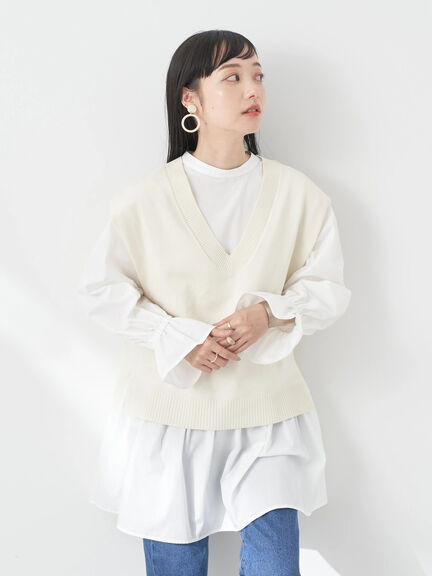 【SET ITEM】V領背心+糖果袖長版白上衣(1M32L0G0240) - earth music&ecology