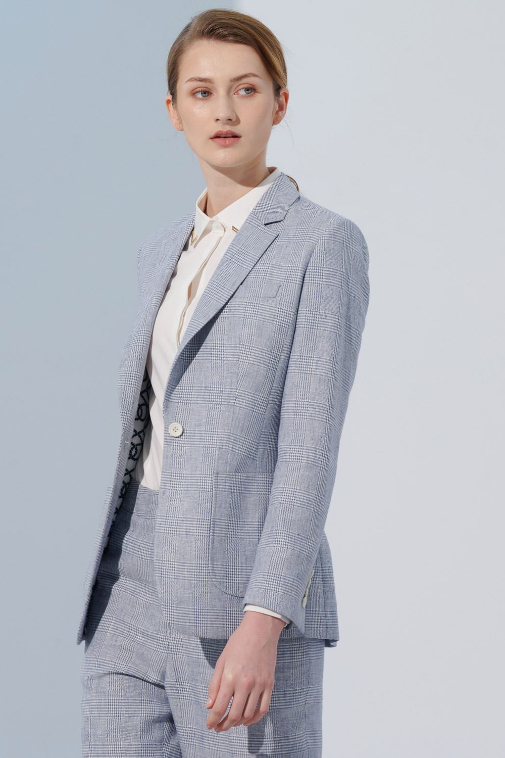 SST&C Light Gray and Blue Check Pattern Square Collar Suit Jacket | 7162305002  (Outlet)_0