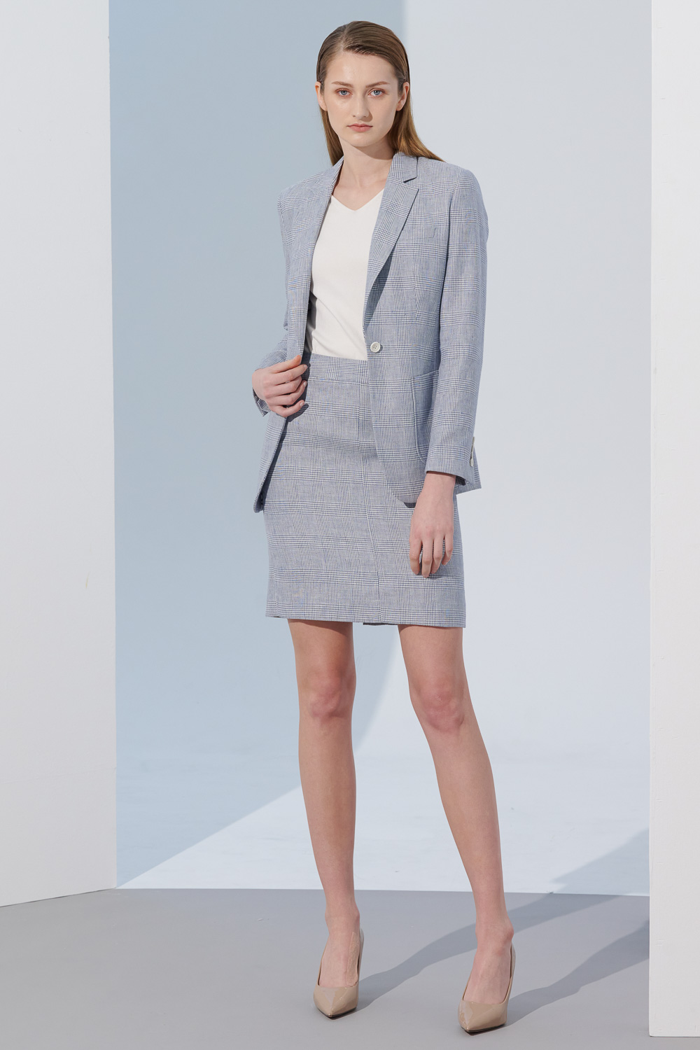 SST&C Light Gray and Blue Check Pattern Square Collar Suit Jacket | 7162305002  (Outlet)_3