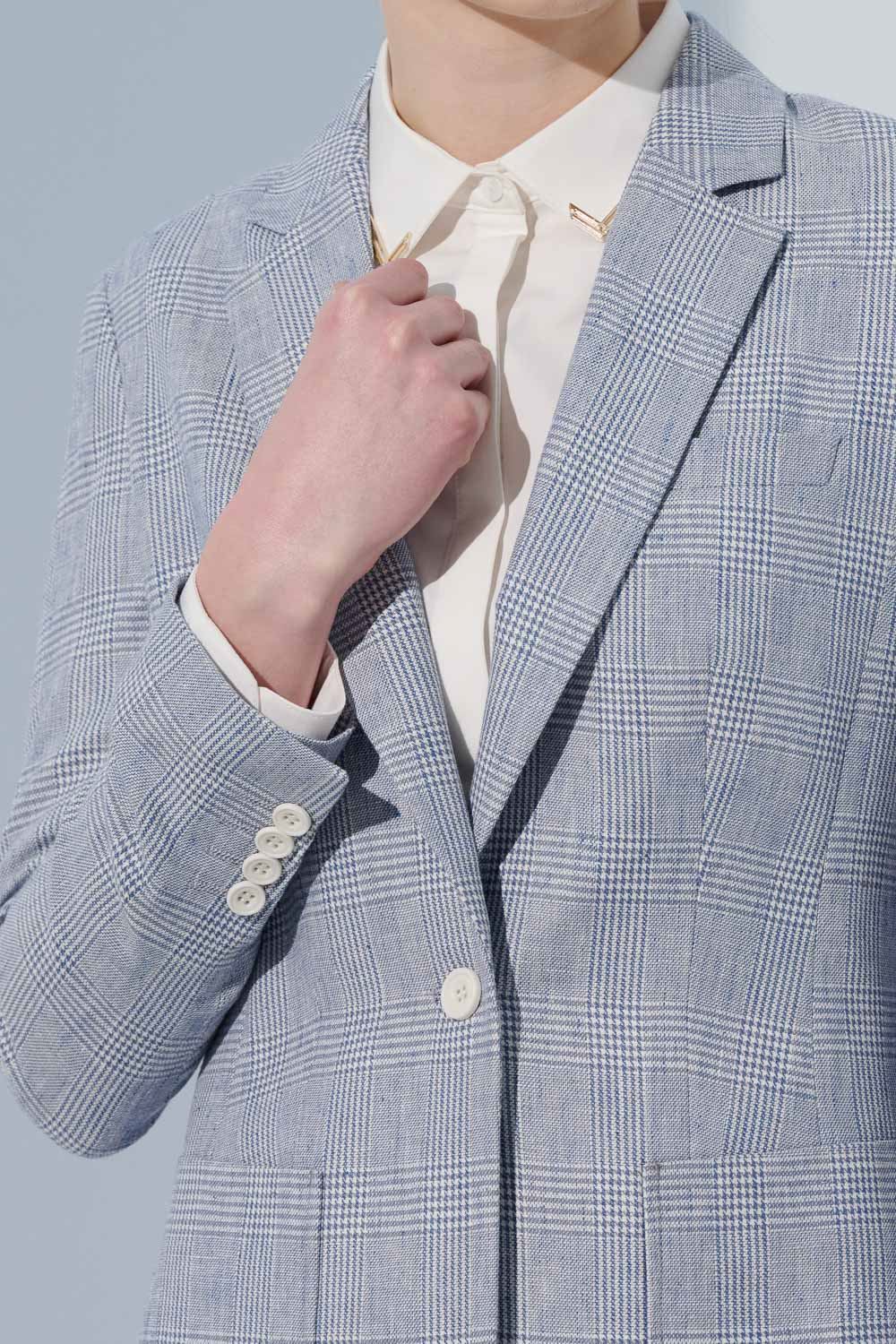 SST&C Light Gray and Blue Check Pattern Square Collar Suit Jacket | 7162305002  (Outlet)_5