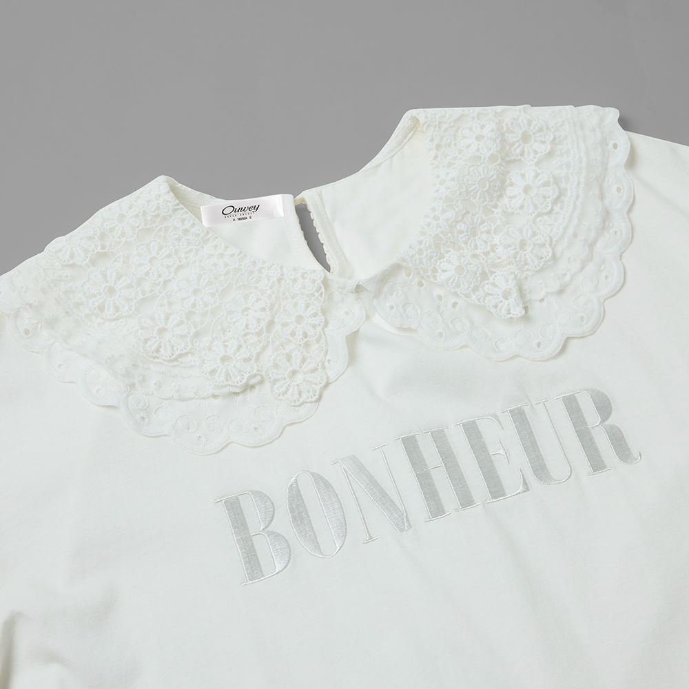 OUWEY歐薇 甜美氣質造型刺繡領片純棉上衣(白色；S-M)3232161256_2