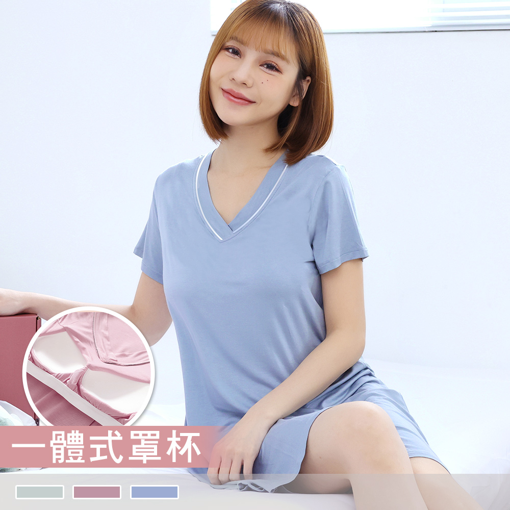 BRA TOP【罩杯式】超柔軟莫代爾棉無鋼圈 V領外穿連身短袖睡衣睡裙 居家服2015_0