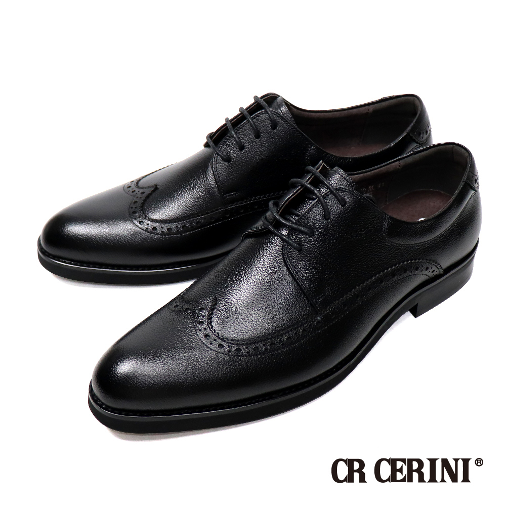【CR CERINI】荔枝紋造型翼紋雕孔綁帶德比鞋 黑色(CR26560-BL)