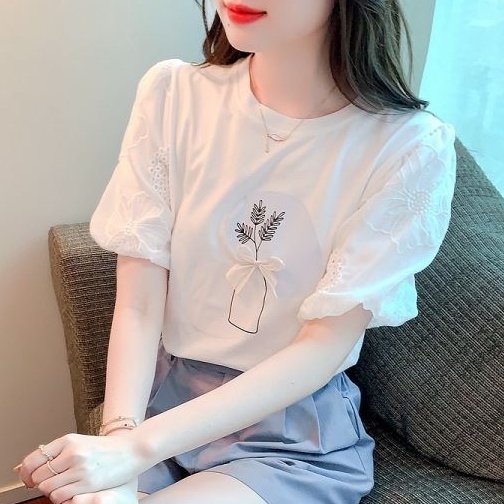 韓版印花蝴蝶結蕾絲泡泡袖圓領上衣．白鳥麗子_0