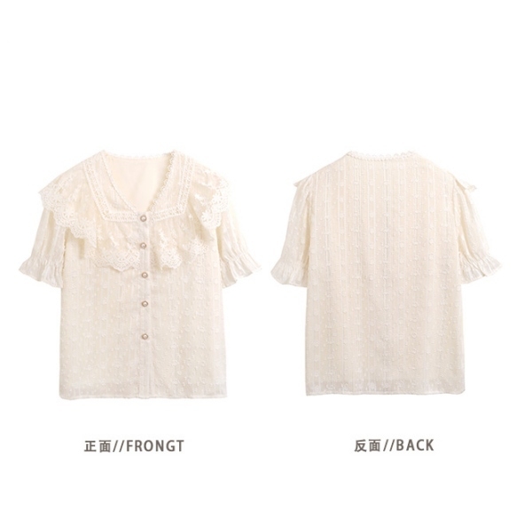 【限量現貨】優雅蕾絲花邊珍珠排釦公主袖V領雪紡上衣．白鳥麗子_9