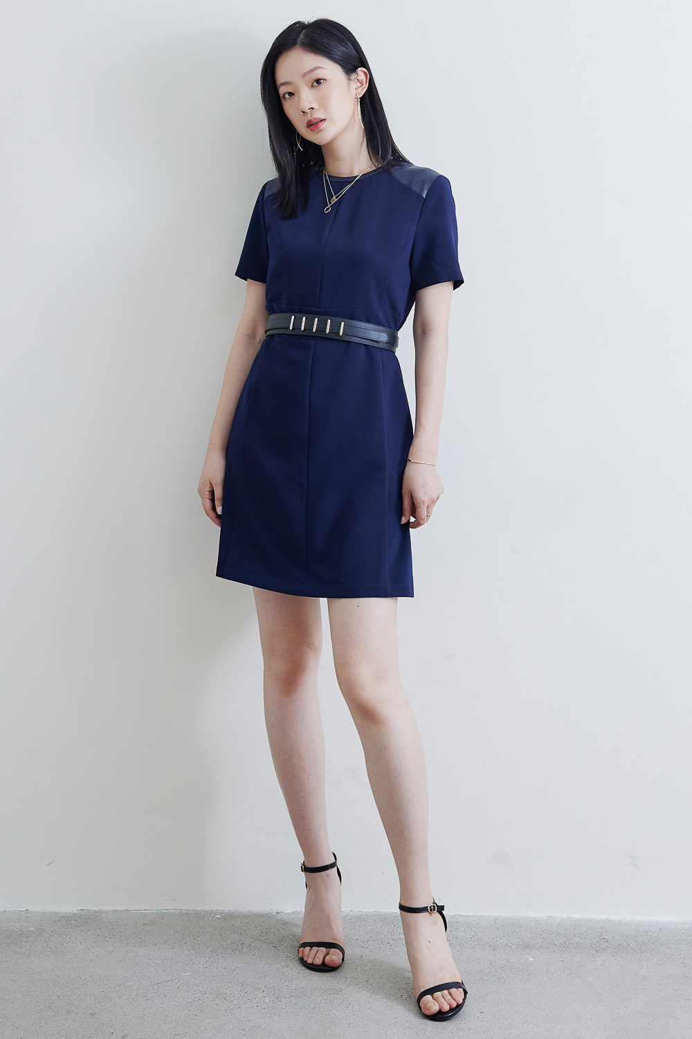 SST&C #Online Exclusive  Sapphire Blue Leather Patchwork Dress | 8562111001  (Outlet)_0