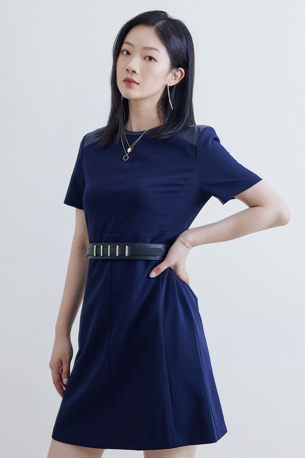 SST&C #Online Exclusive  Sapphire Blue Leather Patchwork Dress | 8562111001  (Outlet)_1