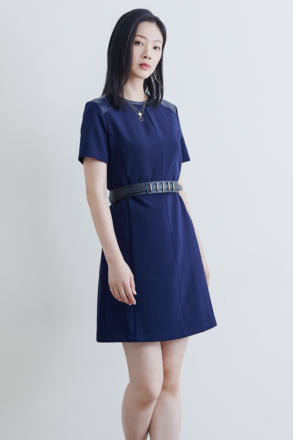 SST&C #Online Exclusive  Sapphire Blue Leather Patchwork Dress | 8562111001  (Outlet)_2
