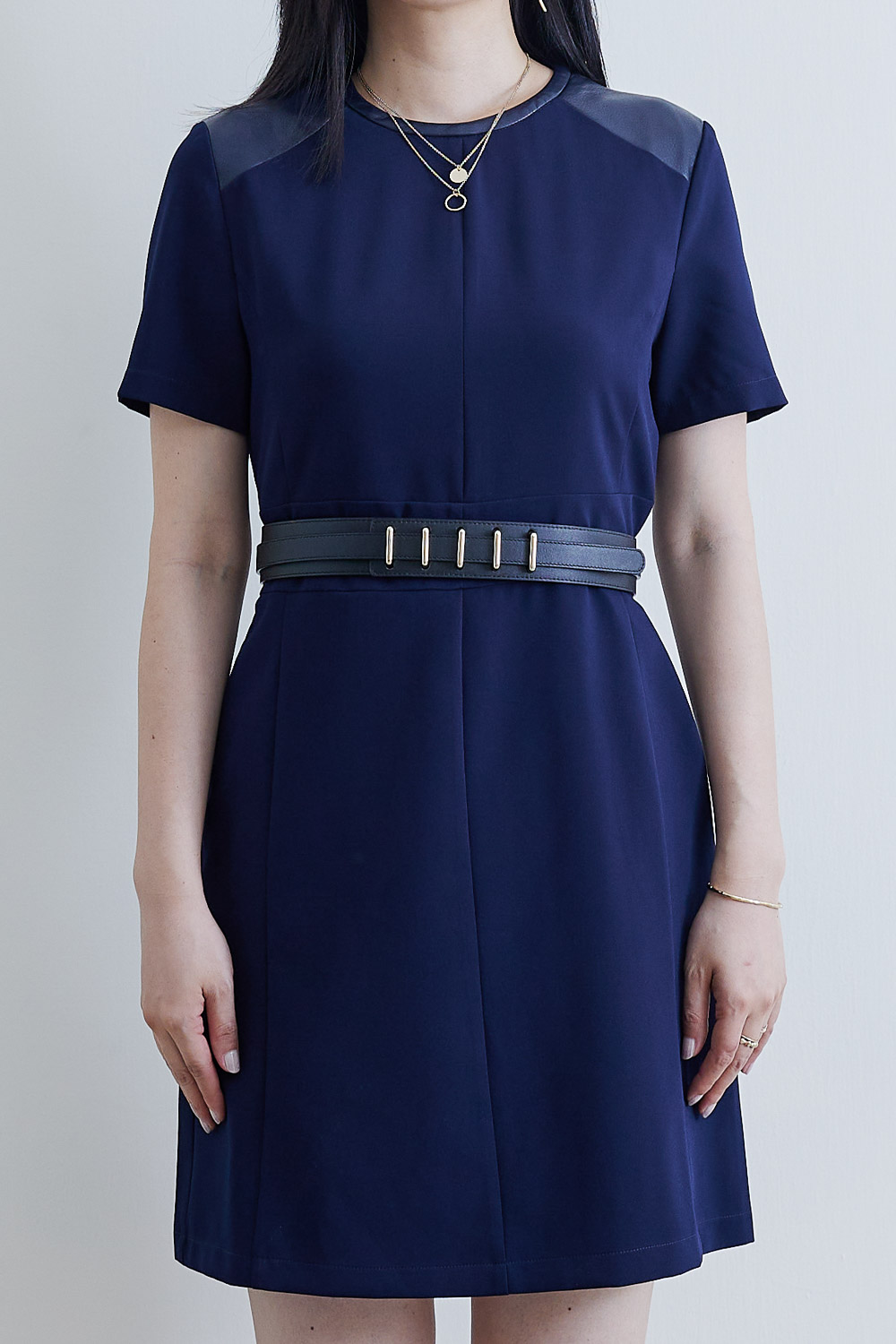 SST&C #Online Exclusive  Sapphire Blue Leather Patchwork Dress | 8562111001  (Outlet)_3