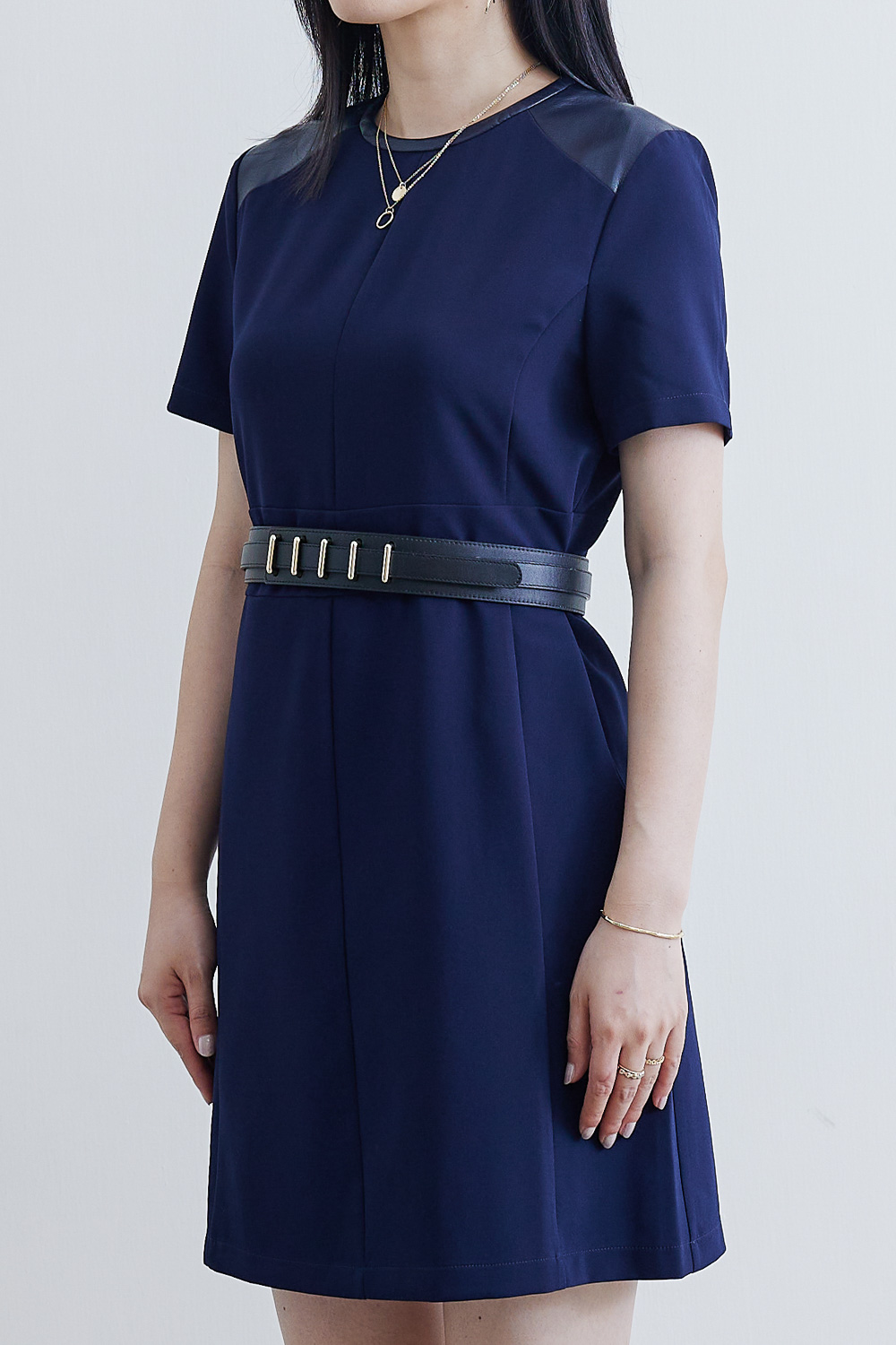 SST&C #Online Exclusive  Sapphire Blue Leather Patchwork Dress | 8562111001  (Outlet)_4