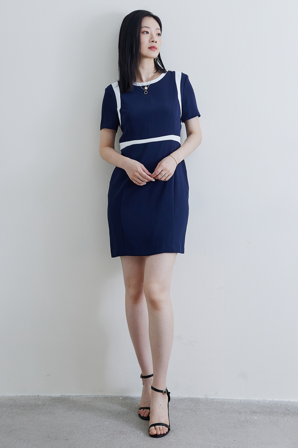 SST&C #Online Exclusive  Navy Blue Round Neck Dress With Contrasting Color Stitching Design | 8562111003  (Outlet)_0