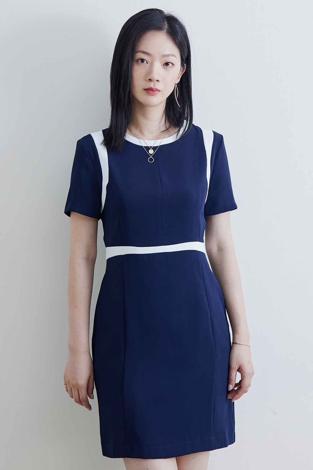 SST&C #Online Exclusive  Navy Blue Round Neck Dress With Contrasting Color Stitching Design | 8562111003  (Outlet)_1