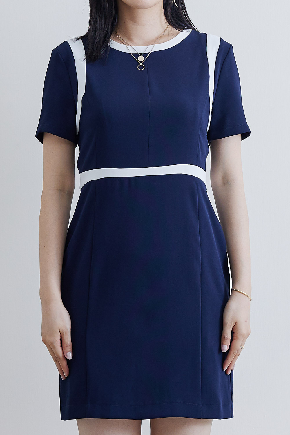 SST&C #Online Exclusive  Navy Blue Round Neck Dress With Contrasting Color Stitching Design | 8562111003  (Outlet)_3