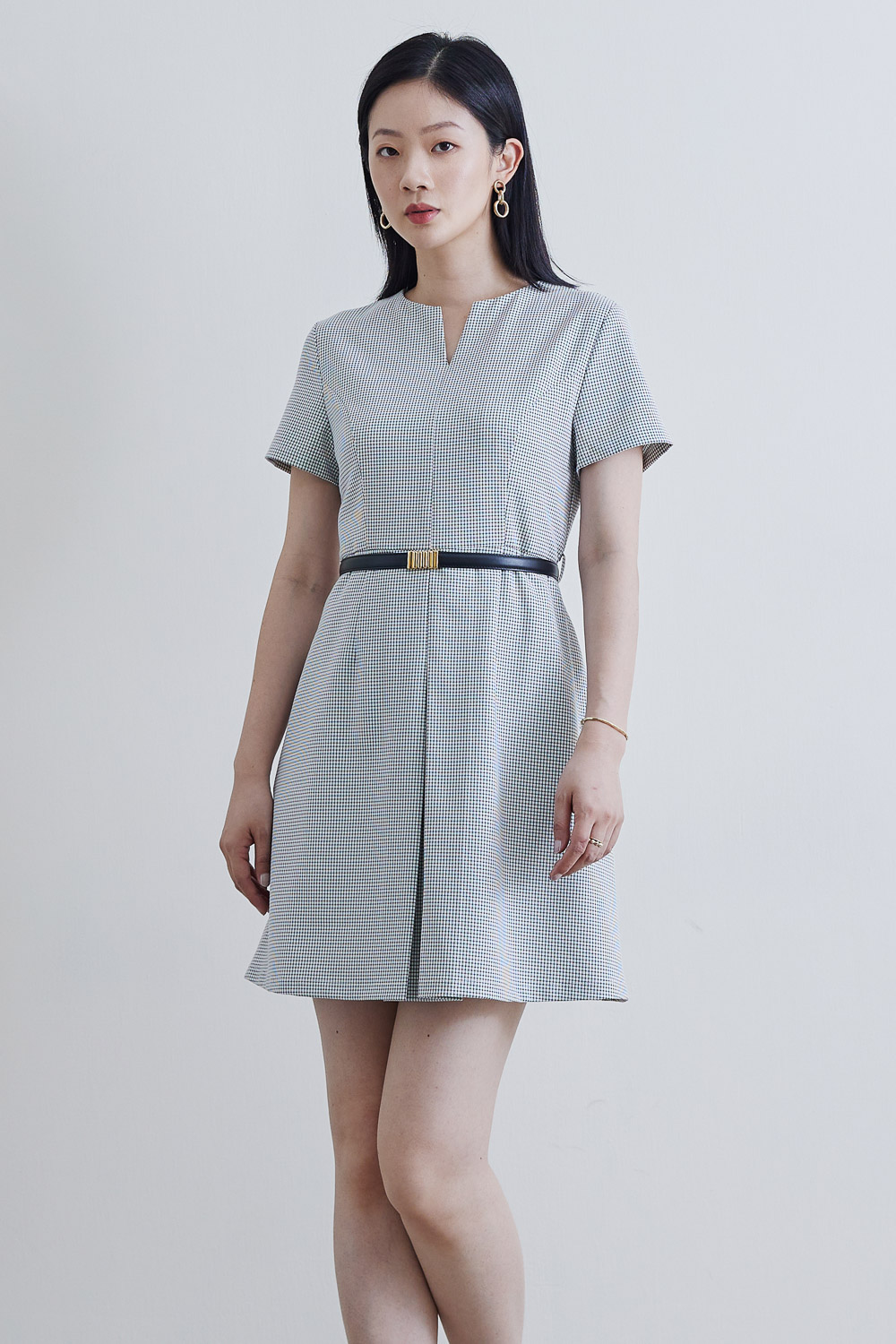 SST&C #Online Exclusive  V-Neck Pleated Check Pattern Dress | 8562203001  (Outlet)_1