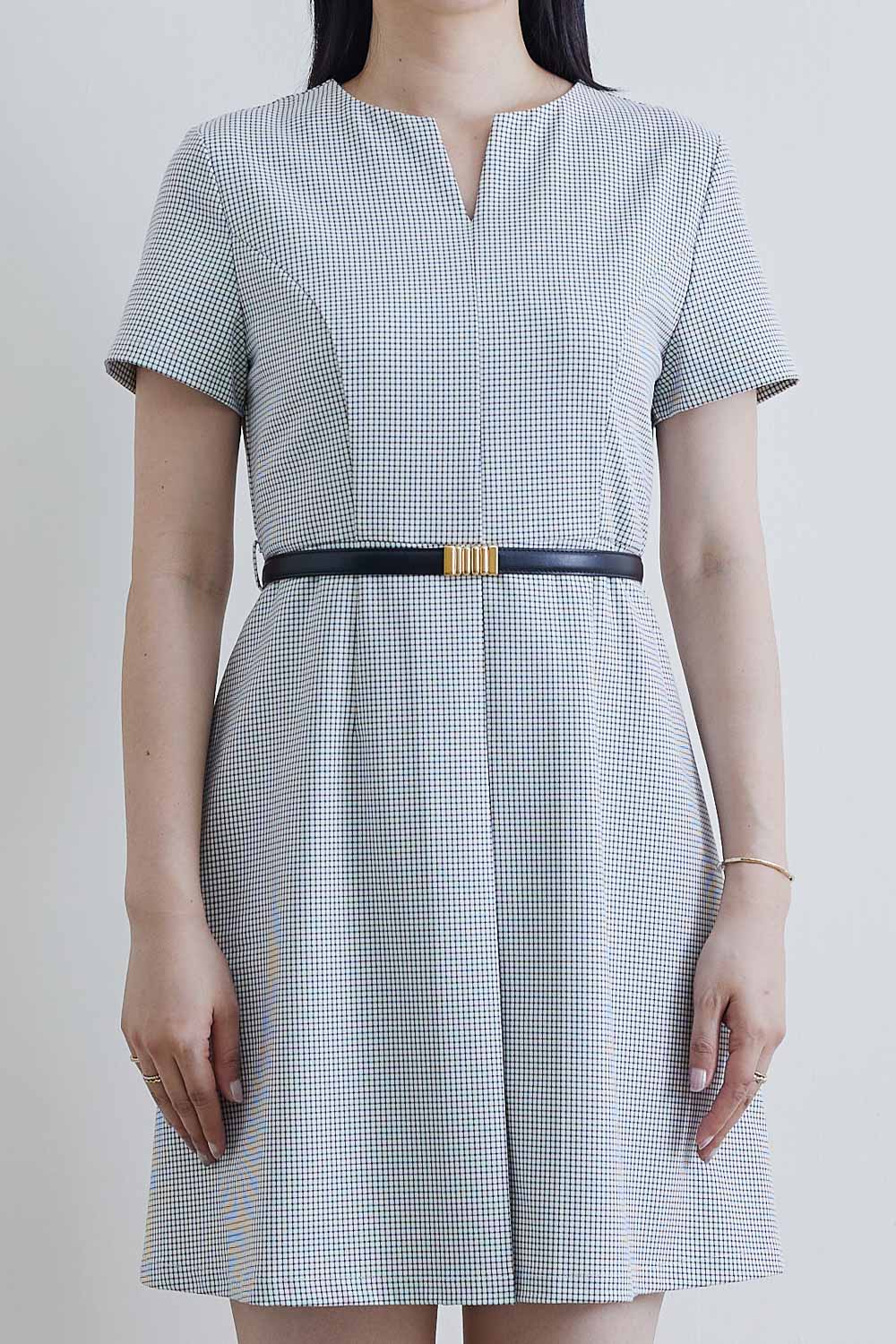 SST&C #Online Exclusive  V-Neck Pleated Check Pattern Dress | 8562203001  (Outlet)_3