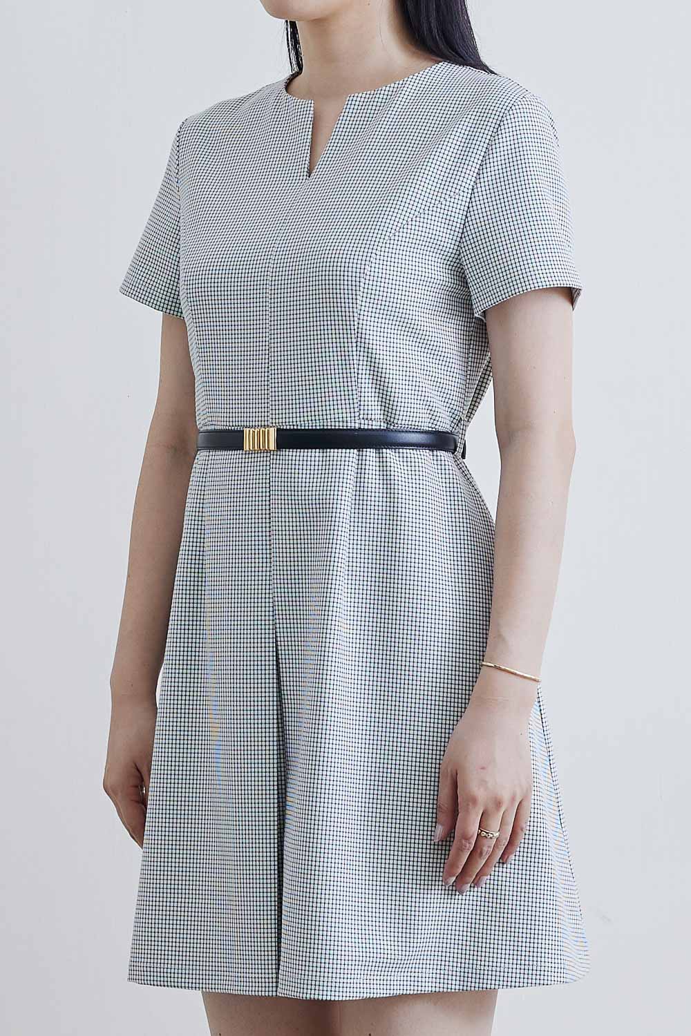 SST&C #Online Exclusive  V-Neck Pleated Check Pattern Dress | 8562203001  (Outlet)_4