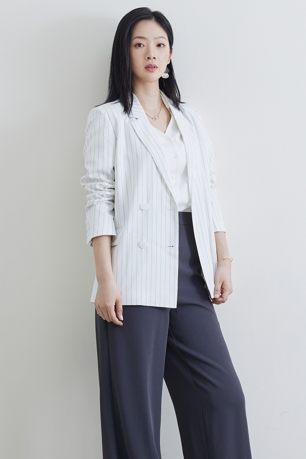 SST&C #Online Exclusive  White Striped Pattern Double Breasted Casual Women'S Suit Jacket | 8162204008  (Outlet)_3
