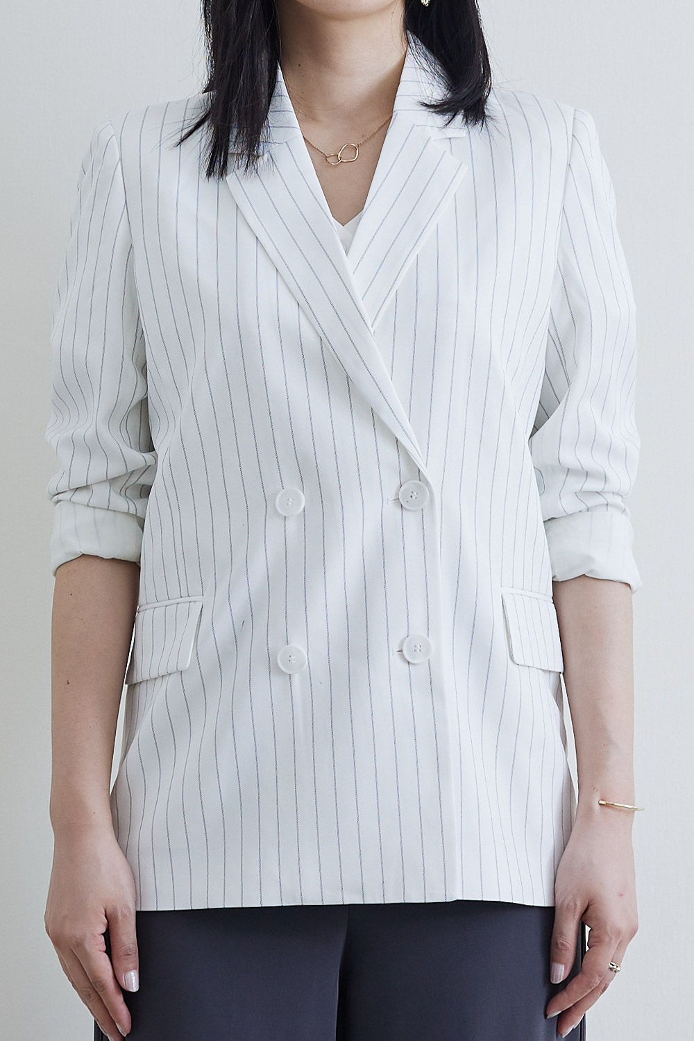 SST&C #Online Exclusive  White Striped Pattern Double Breasted Casual Women'S Suit Jacket | 8162204008  (Outlet)_4