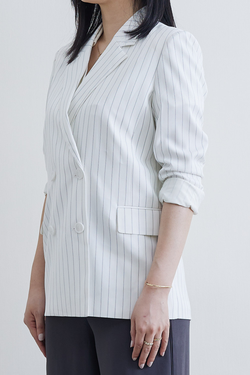 SST&C #Online Exclusive  White Striped Pattern Double Breasted Casual Women'S Suit Jacket | 8162204008  (Outlet)_5