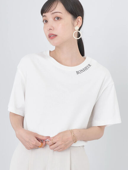 BONHEUR刺繡標語純棉圓領短袖T恤(1N32L1C0900) - earth music&ecology