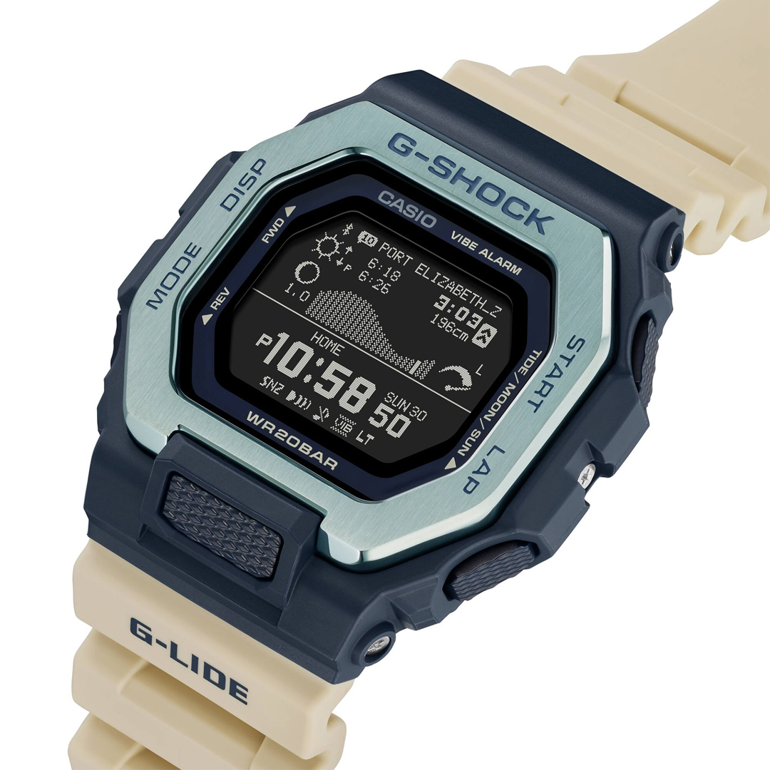 G-SHOCK G-LIDE GBX-100TT-2 衝浪潮汐藍牙智慧橡膠腕錶/米黃x藍框GBX